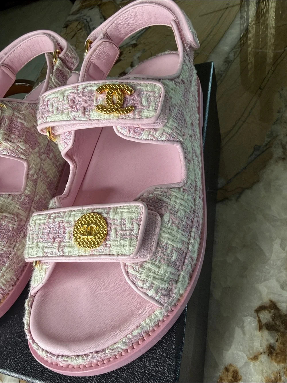 CHANEL Pink Tweed Women’s Sandals with Gold CC Buttons.